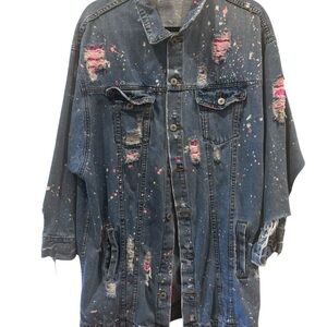 Distressed custom Denim Jacket with Paint Splatter And pink lace